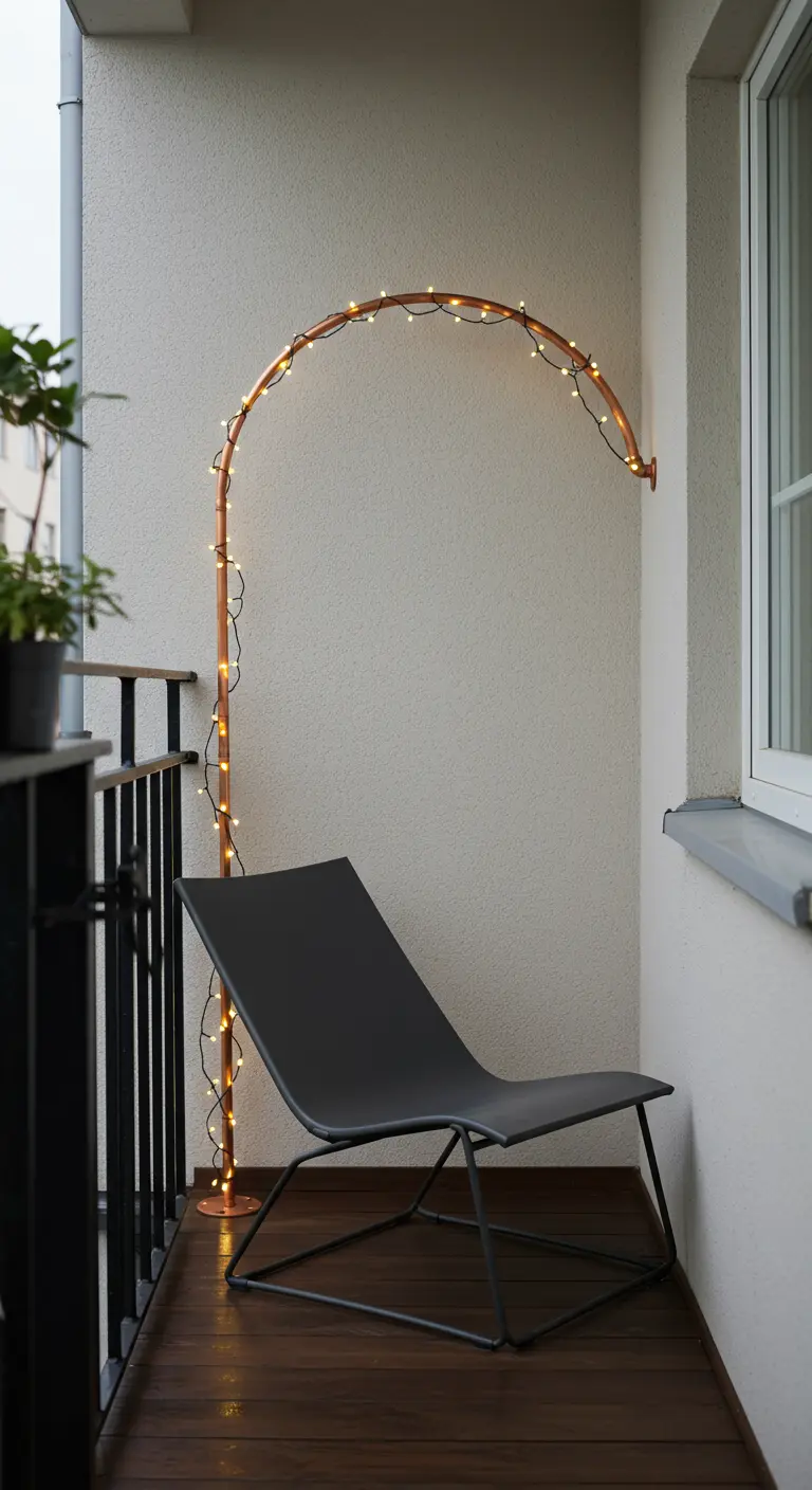 A single copper pipe arching over a modern chair on a balcony, wrapped in fairy lights.