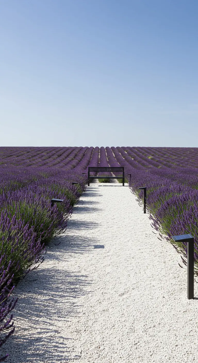 A long white gravel path leading to a simple bench in a lavender field.