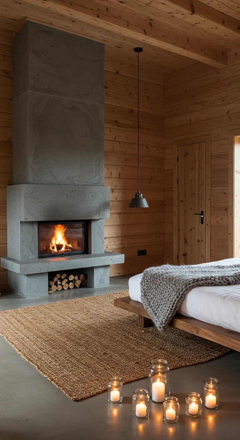 Modern cabin bedroom with a concrete fireplace, jute rug, and candles in glass jars.