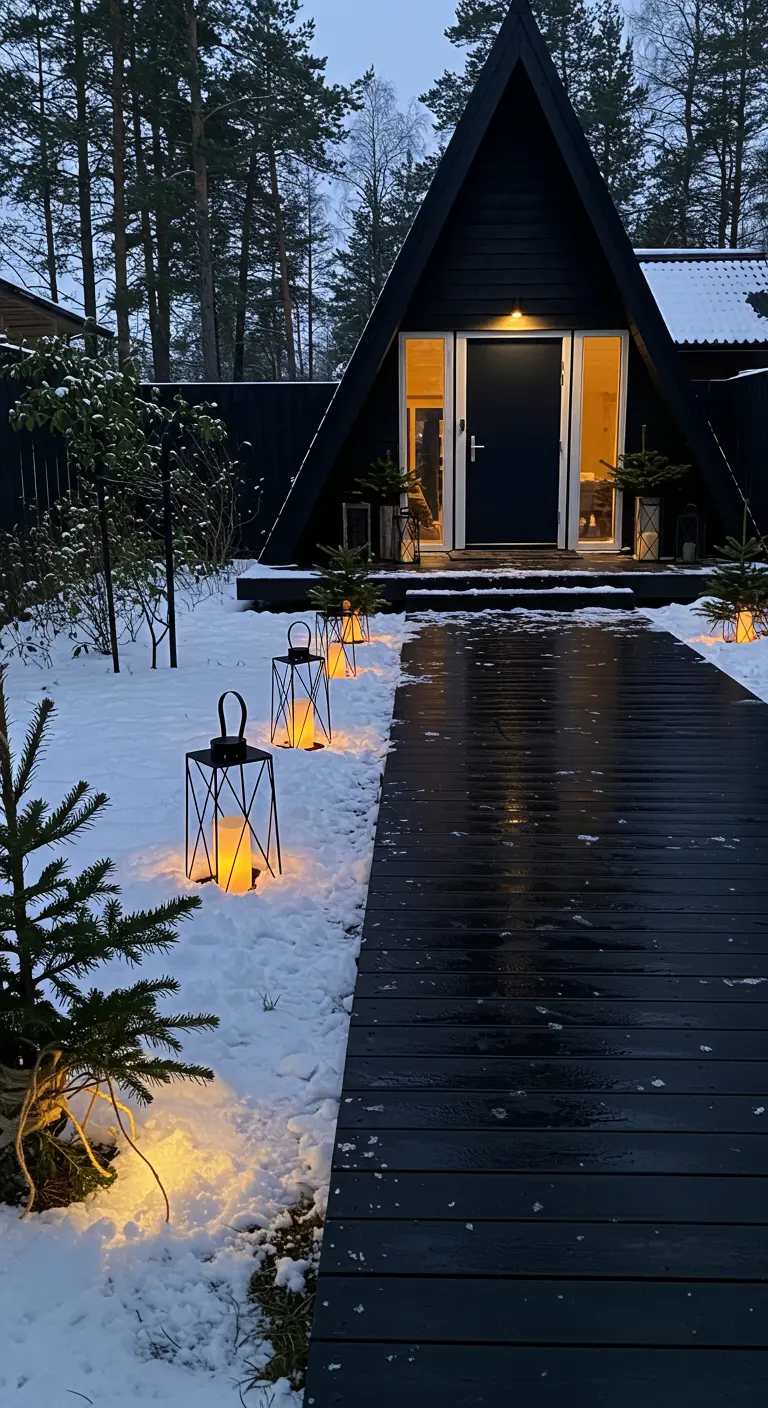 Modern A-frame house with a path lined with minimalist black lanterns.