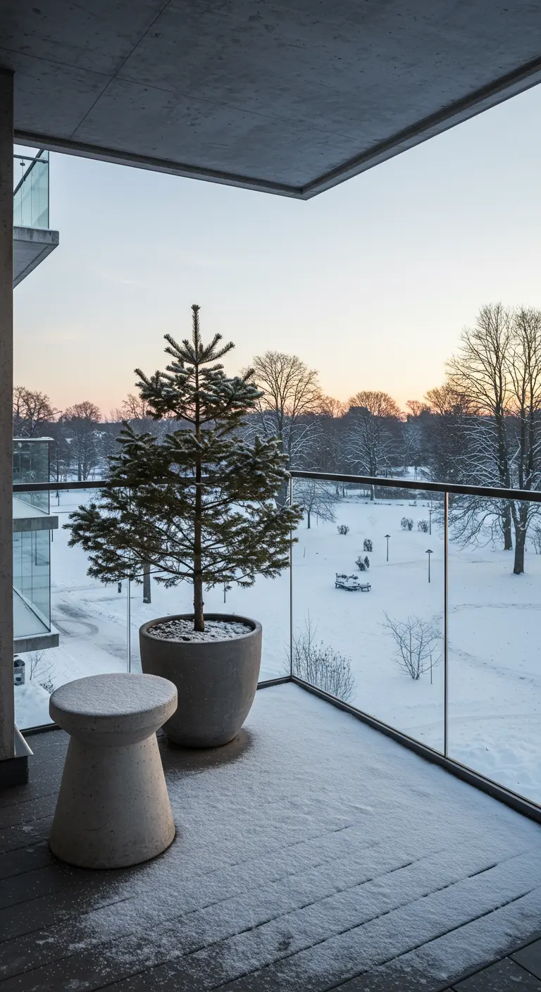 A minimalist balcony with a single pine tree in a large pot and a concrete stool, overlooking a park.
