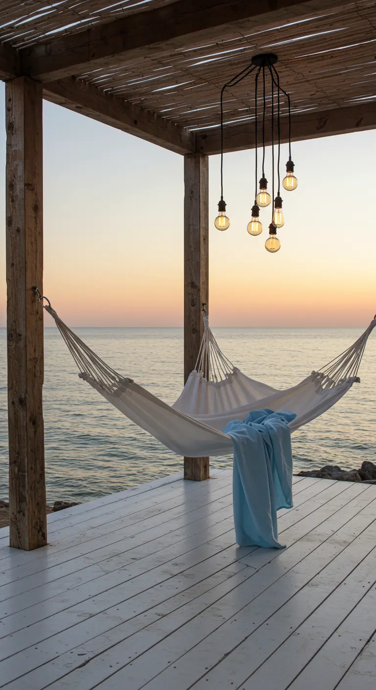 A white hammock on a whitewashed deck overlooking the ocean at sunset, with clustered Edison bulbs.