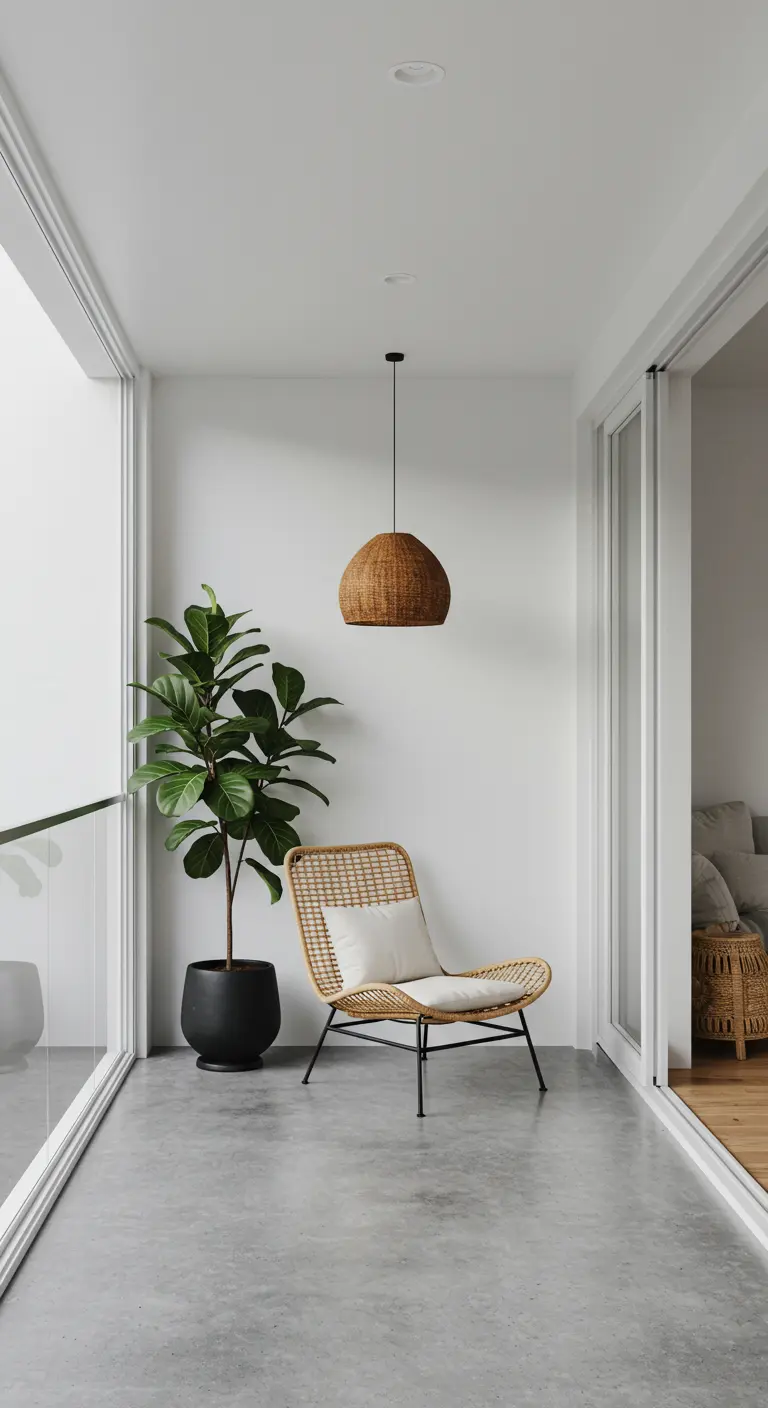 A single rattan chair and pendant light in a minimalist white balcony corner.