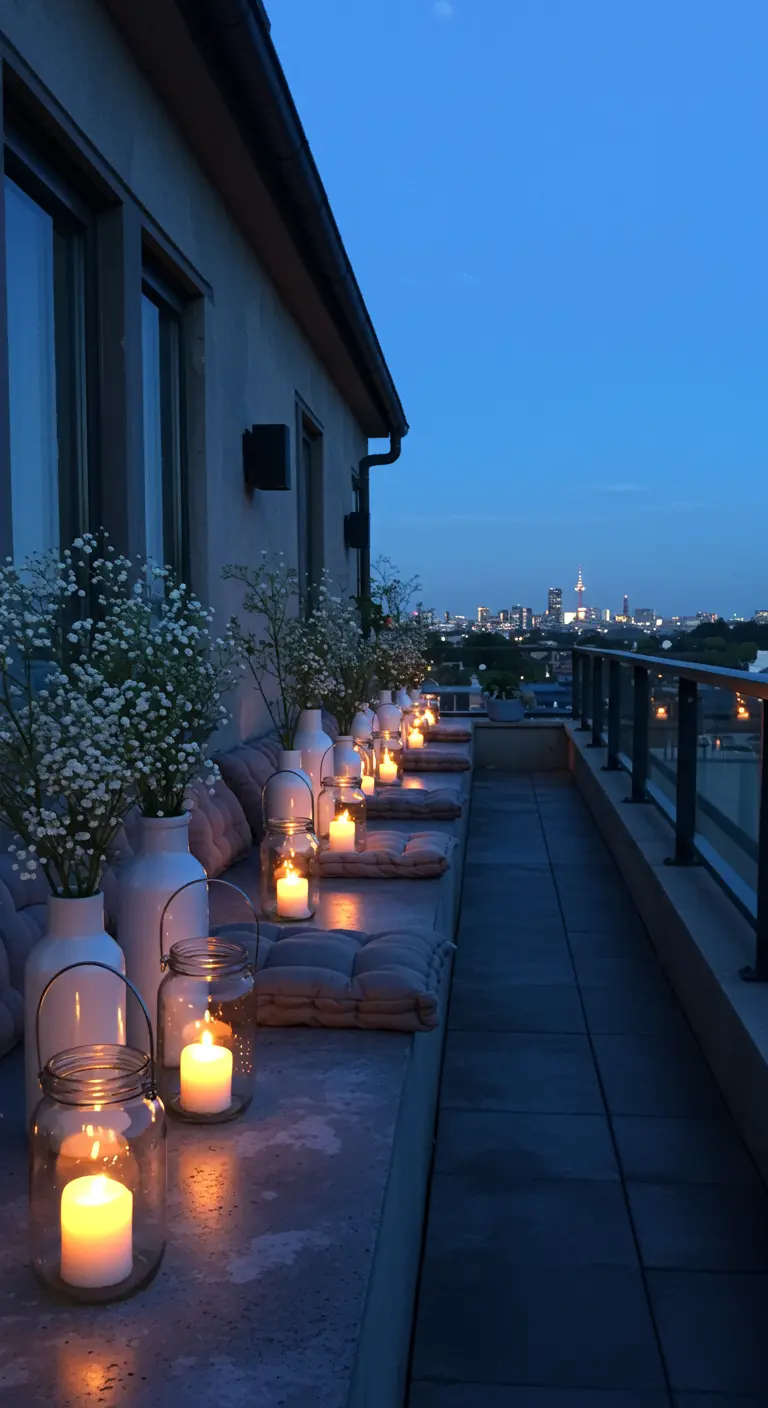 A modern balcony at dusk with white vases of baby's breath and a row of candles.