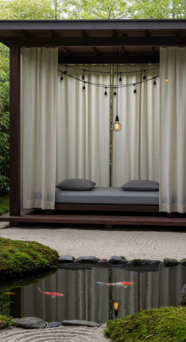 A minimalist daybed in a wooden cabana with grey pillows, overlooking a koi pond.
