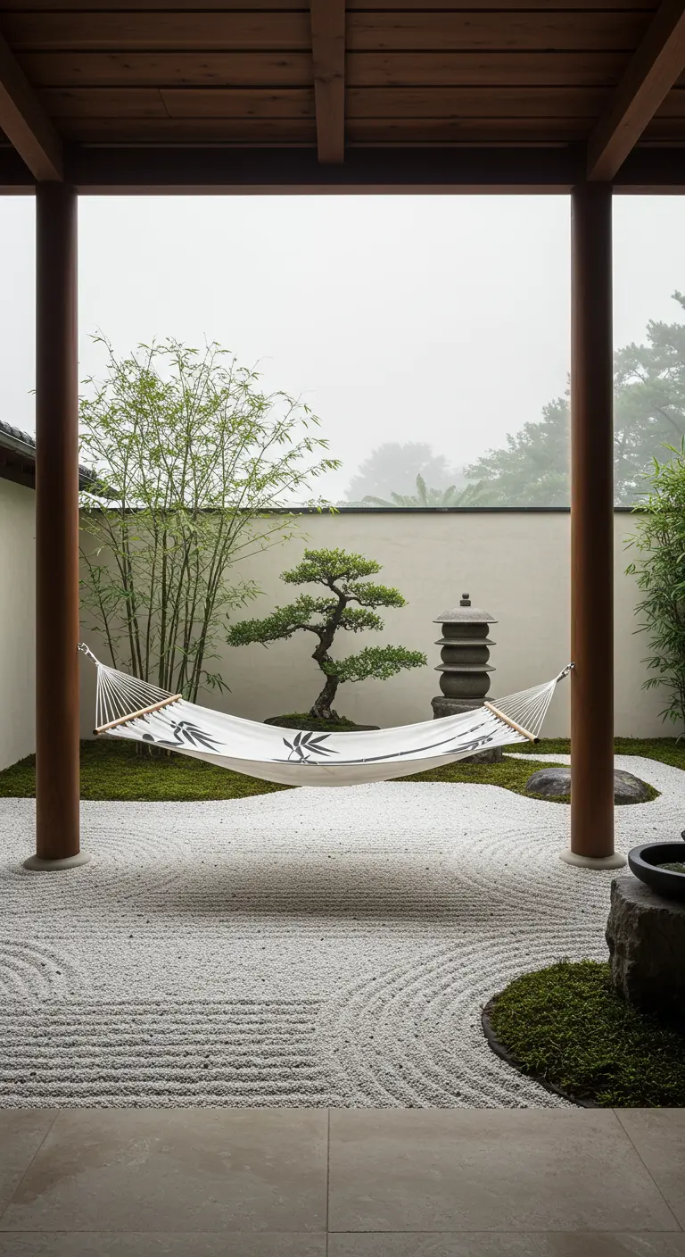 A white hammock with a black bamboo print hanging in a minimalist Japanese Zen garden.