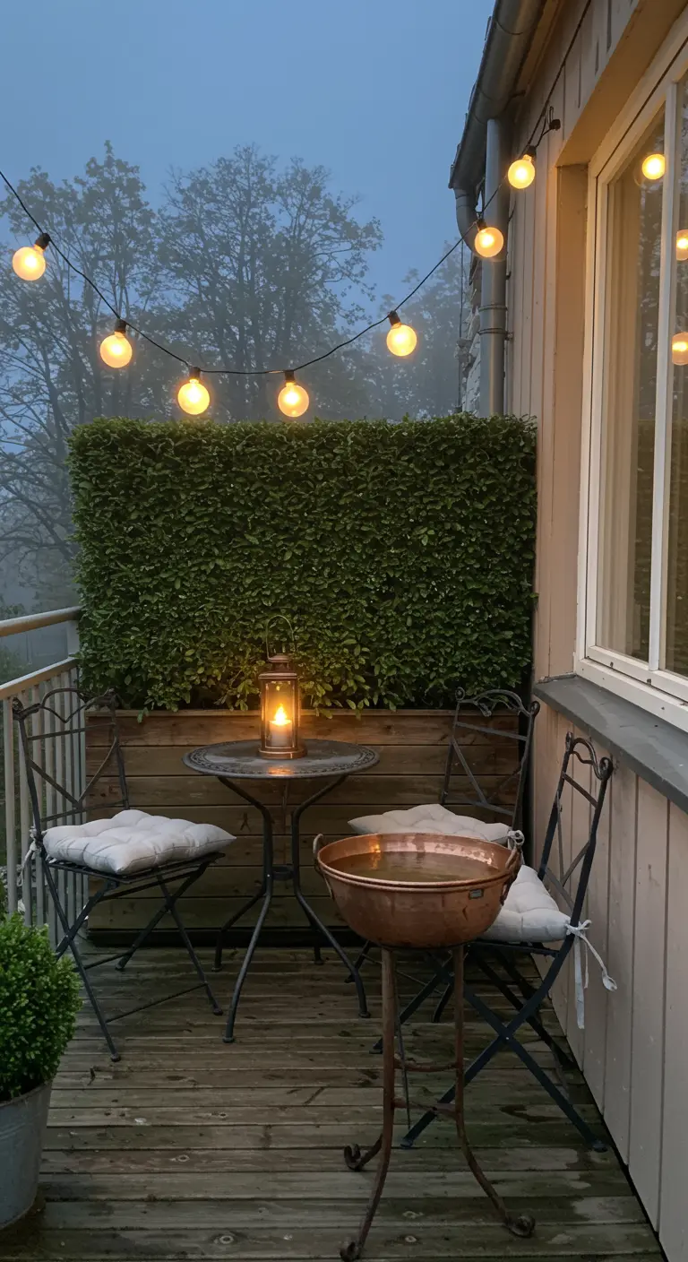 A small balcony with a bistro set, a hedge, string lights, and a large copper bowl.