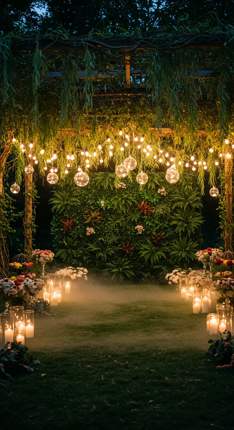 A magical garden path at night with hanging lights, weeping vines, candles, and fog.
