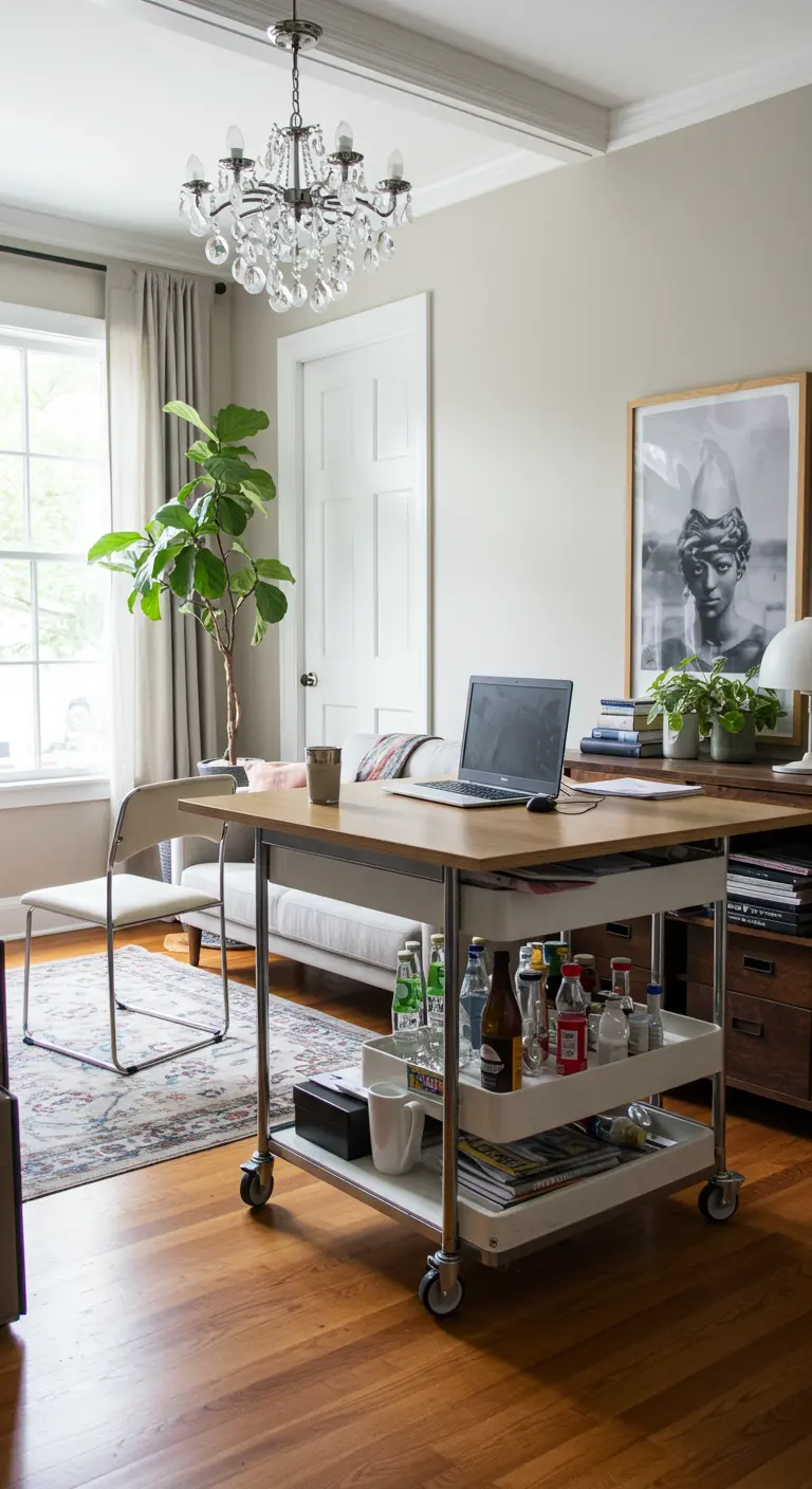 A metal utility cart on wheels used as a desk in a living room, holding a laptop and drinks.
