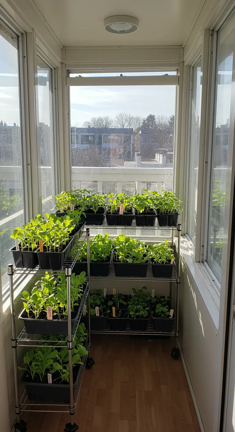Rolling metal shelves packed with trays of green seedlings inside an enclosed balcony.