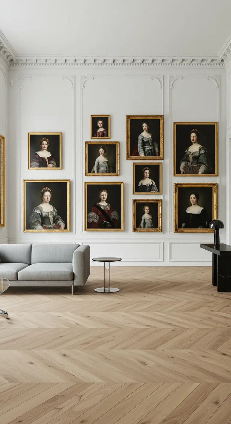 A gallery wall of classic portraits in gold frames on a white panelled wall.