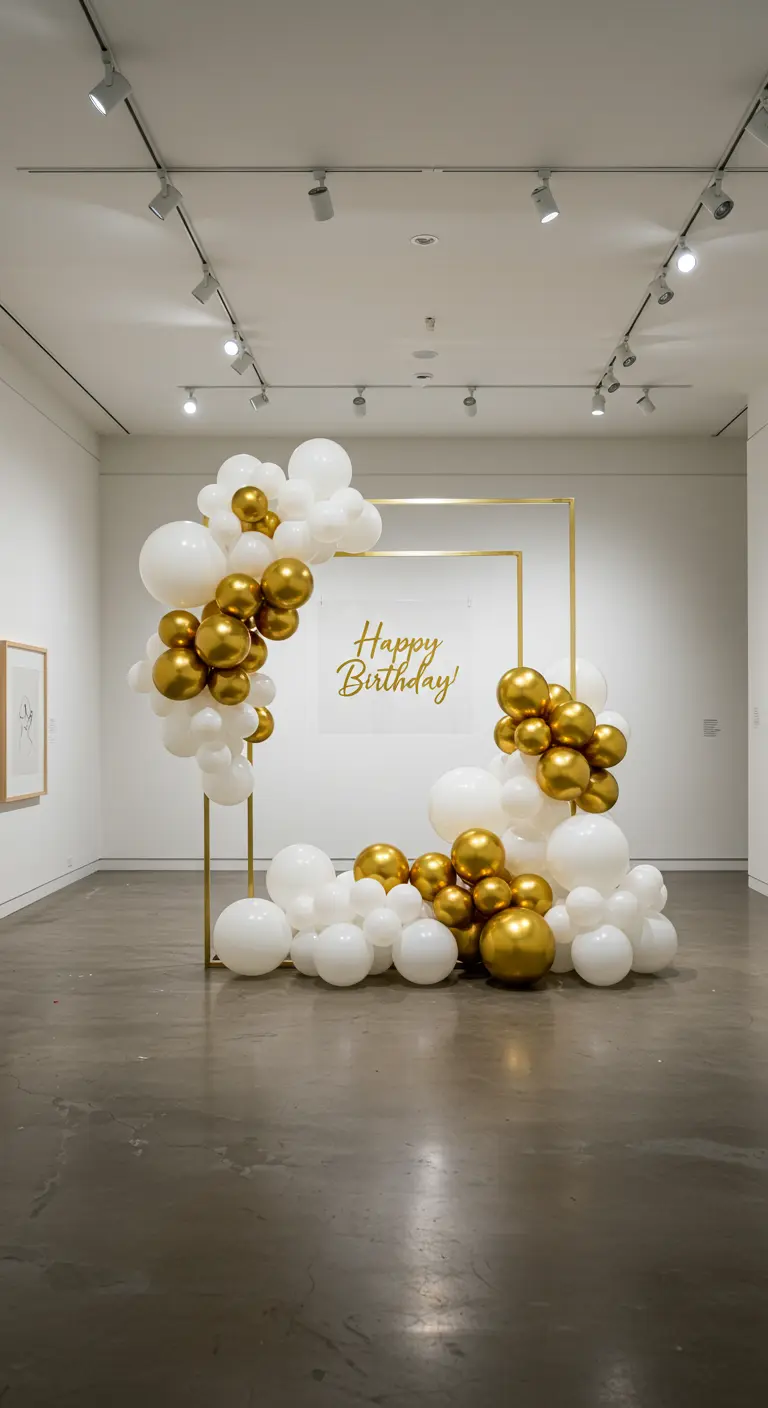 White and gold balloons spilling from the corners of a large gold frame in a gallery space.