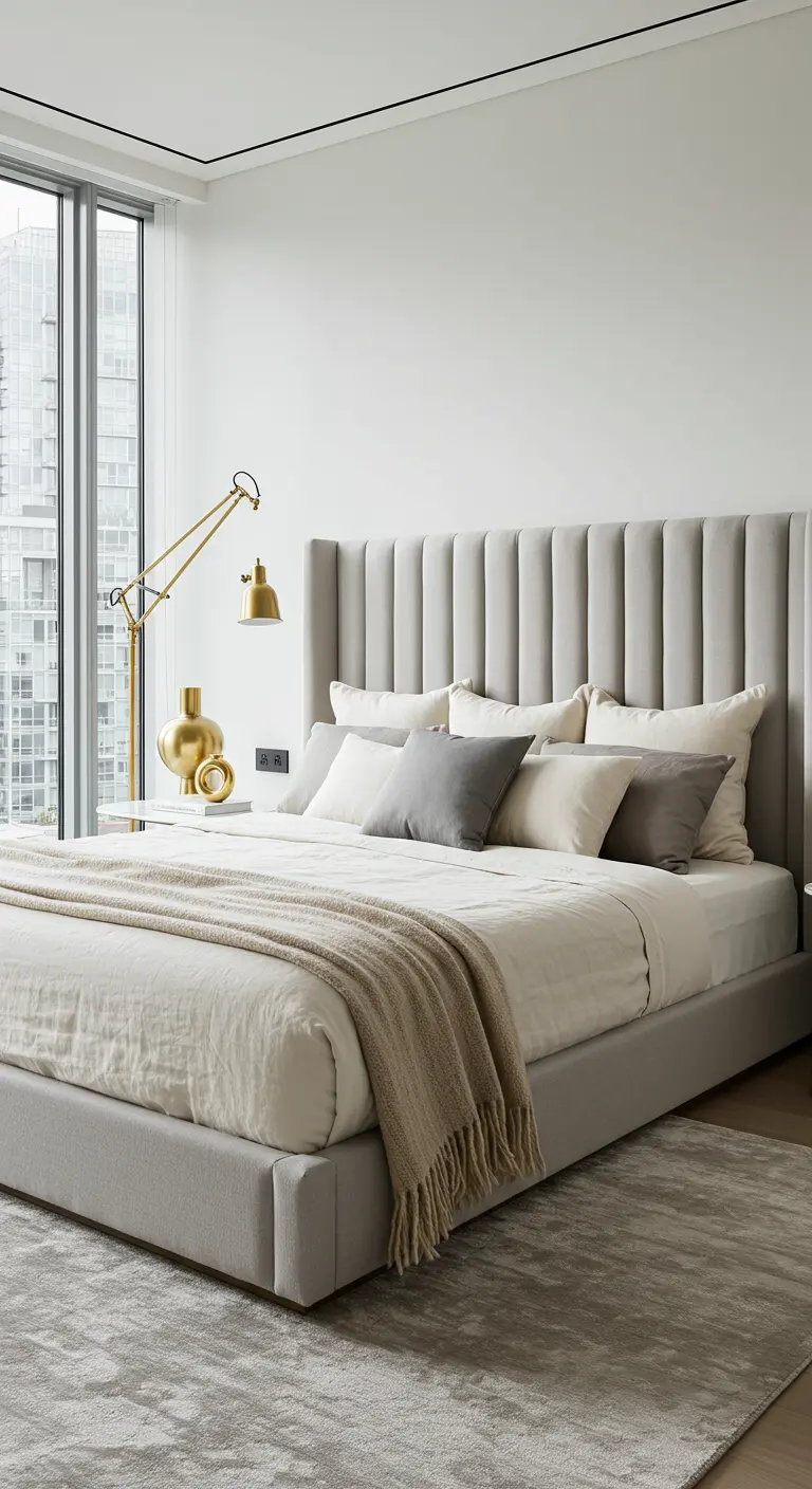 Tall gray channel-tufted headboard with an articulating brass lamp in a modern bedroom.