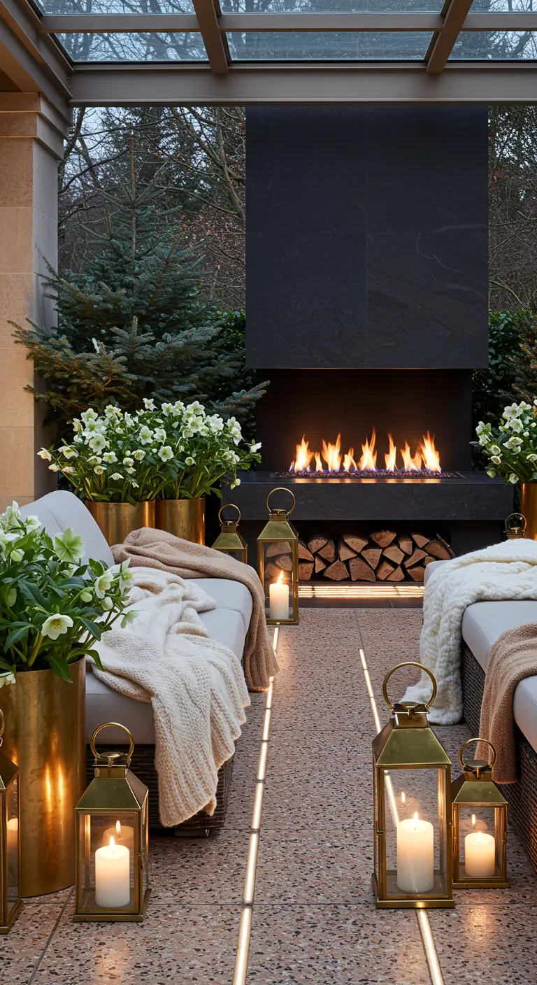 A modern outdoor fireplace with chaise lounges, white blankets, and elegant brass lanterns.