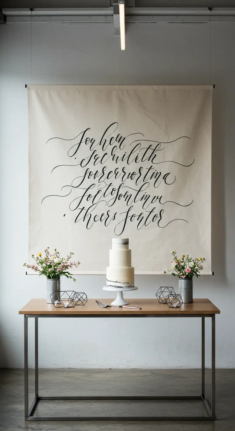 A large canvas banner with elegant black calligraphy