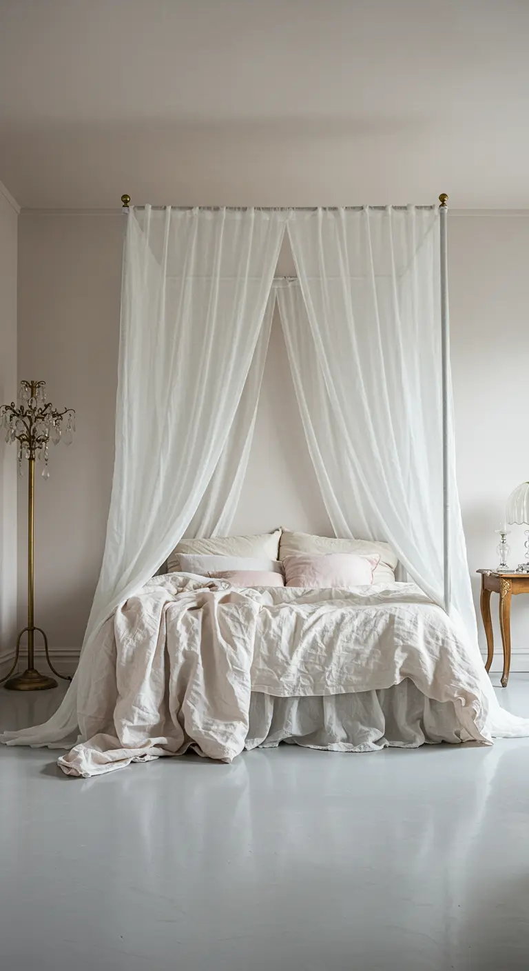 Minimalist four-poster bed draped in long white fabric in a light gray room.