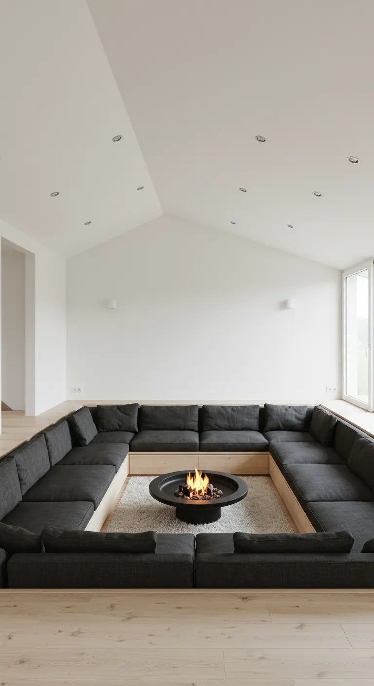 A minimalist sunken living room with a gray sectional and a central fire pit.