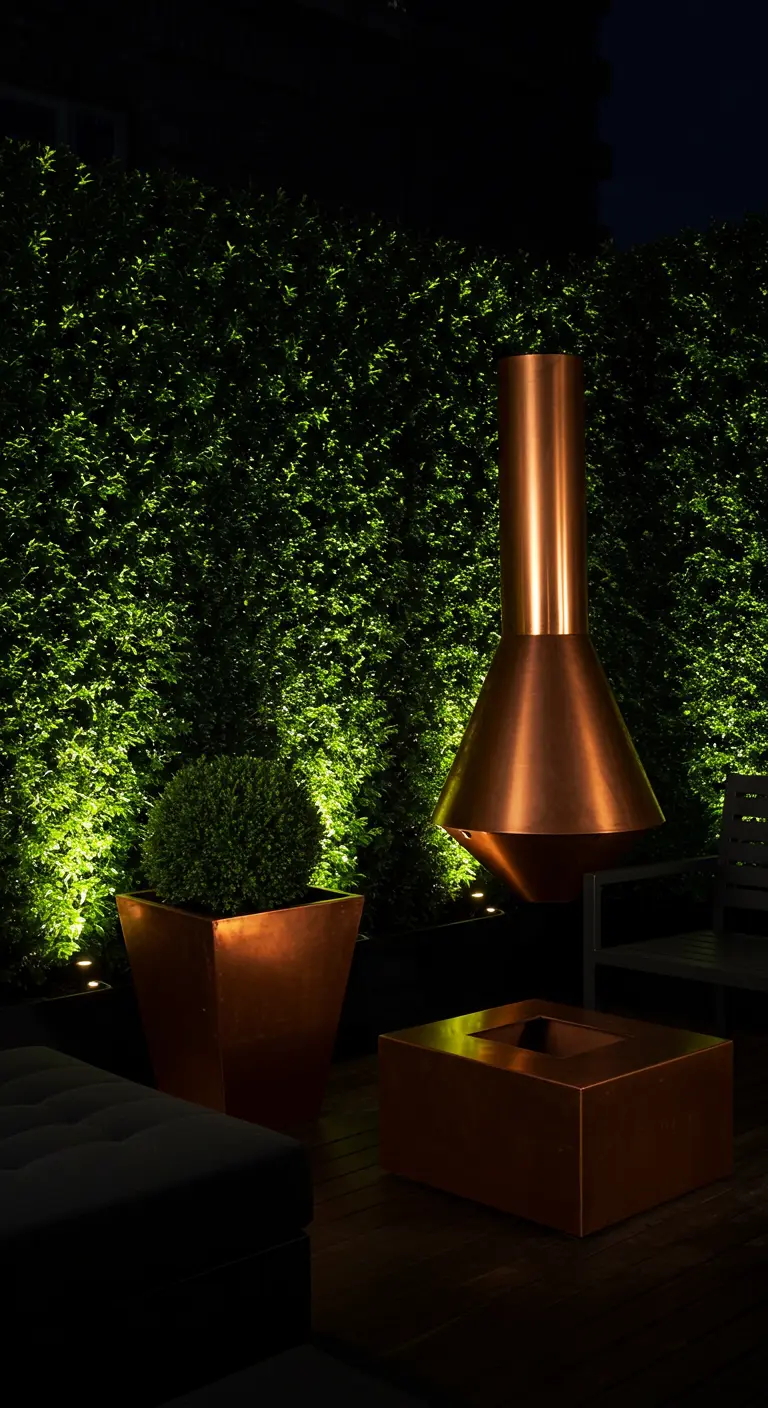 A dark balcony at night featuring a striking modern copper chiminea against a green hedge.