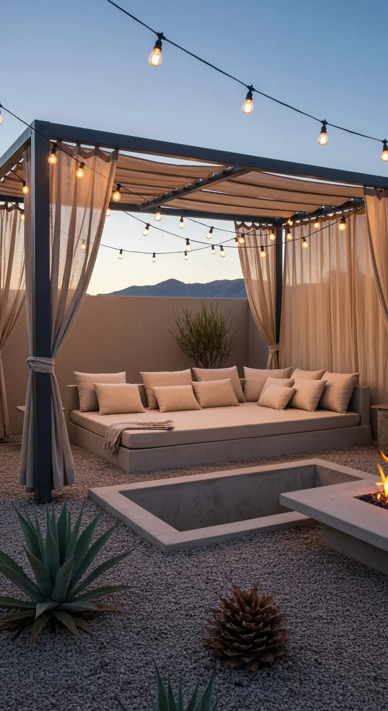 A modern concrete daybed with beige cushions next to a fire pit in a gravel courtyard.