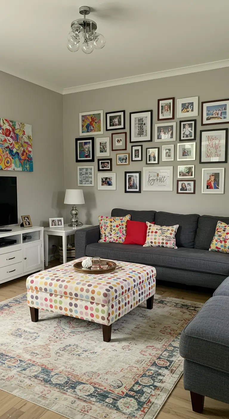 Family living room with a grey sectional and a gallery wall of family photos in mixed frames.