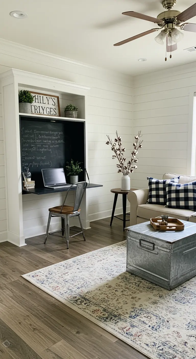 A farmhouse living room with a white built-in unit that folds down to reveal a desk and chalkboard.