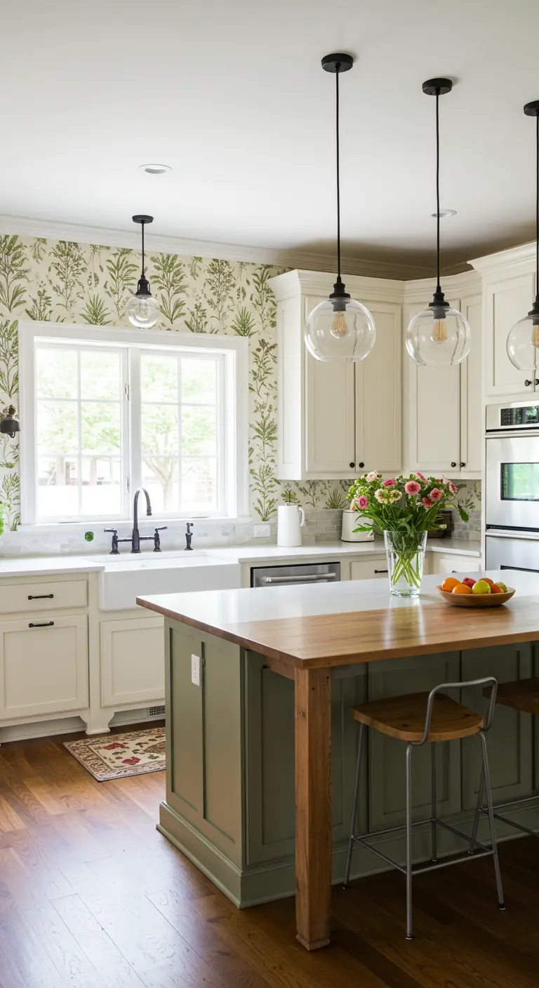 Farmhouse kitchen with floral wallpaper, a sage green island, and a farmhouse sink.