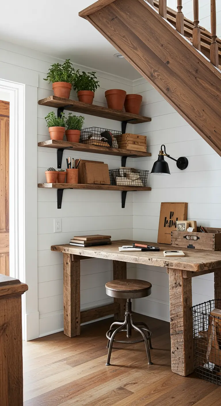 A farmhouse-style office under the stairs with a reclaimed wood desk and shiplap walls.