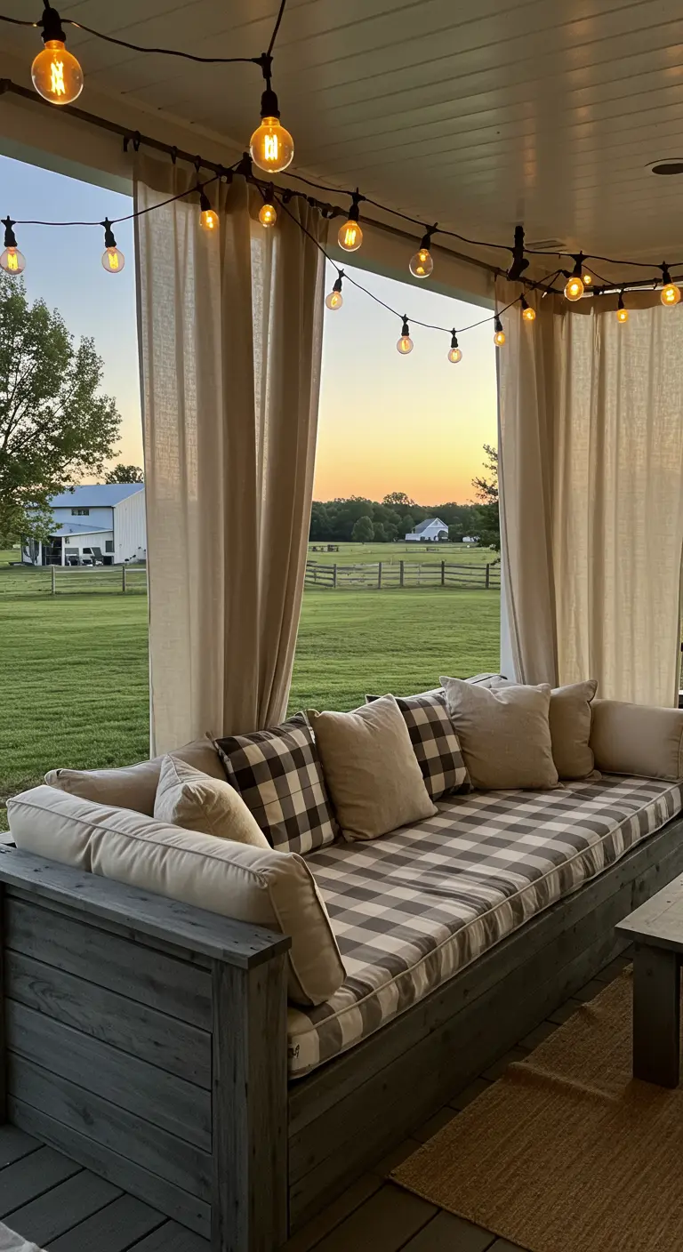 A grey wooden daybed with gingham cushions and beige curtains on a country porch at sunset.