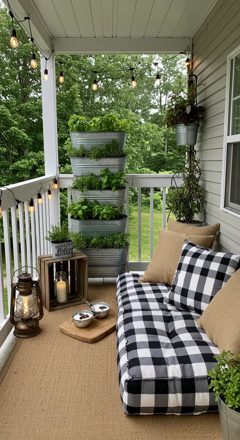 A farmhouse-style balcony with tiered metal planters, buffalo check cushions, and a wooden crate table.