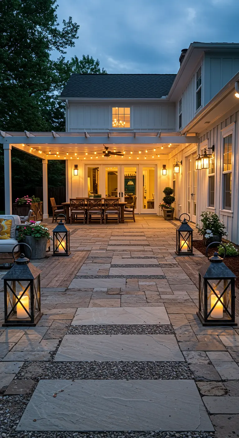 Black lanterns stand on a modern patio with mixed stone and gravel outside a white farmhouse.