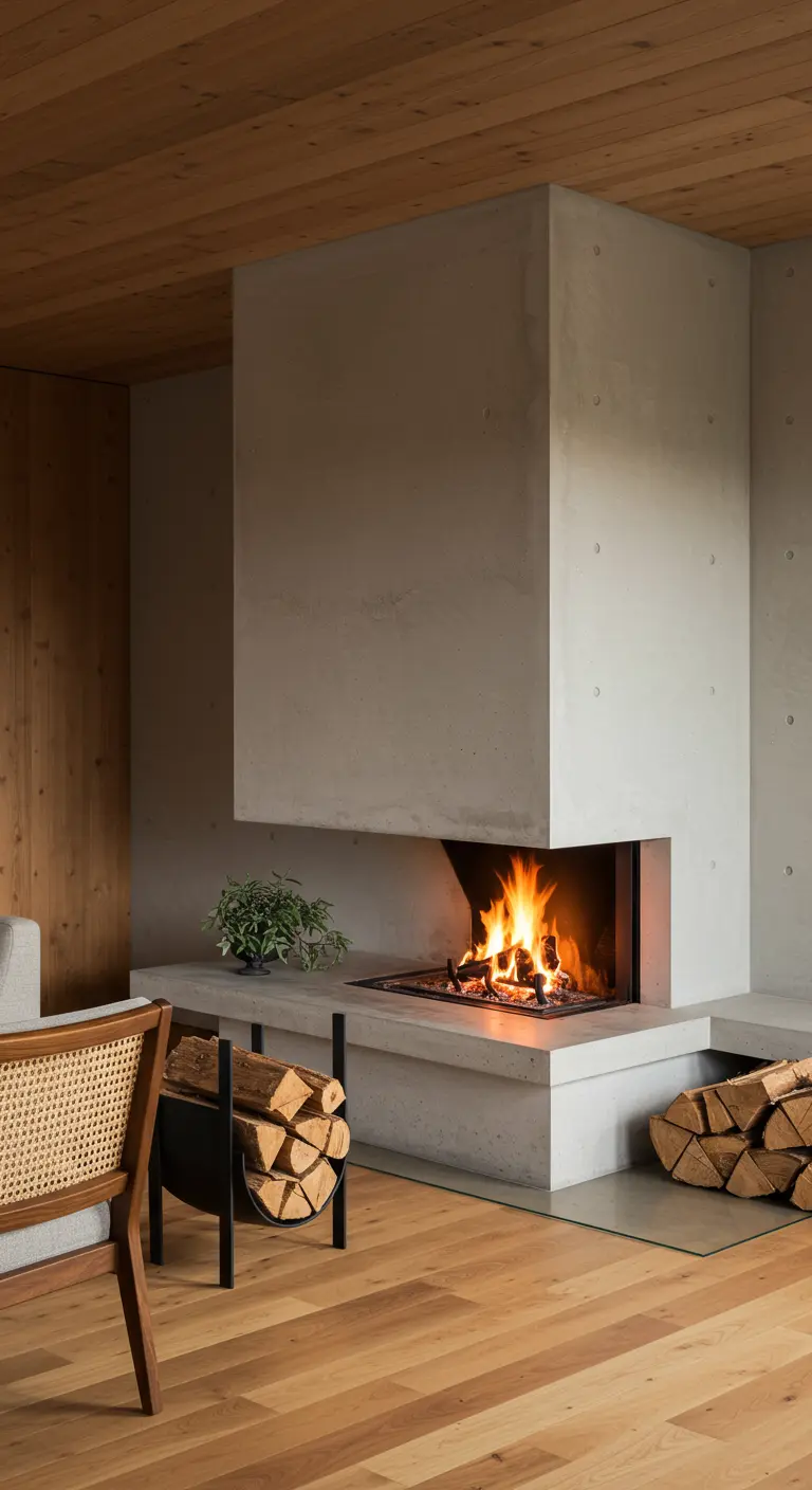 A modern Japandi living room with a striking concrete fireplace and a wood-paneled ceiling.