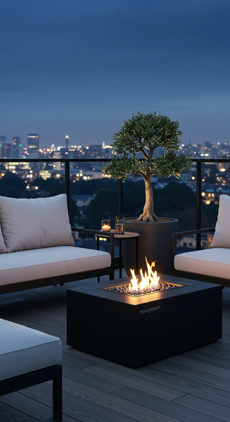 A black square fire pit surrounded by modern sofas on a rooftop at night.