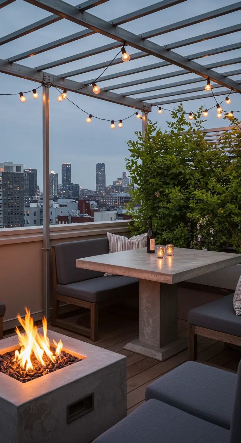 A modern rooftop patio with a concrete fire pit, built-in seating, and city views.
