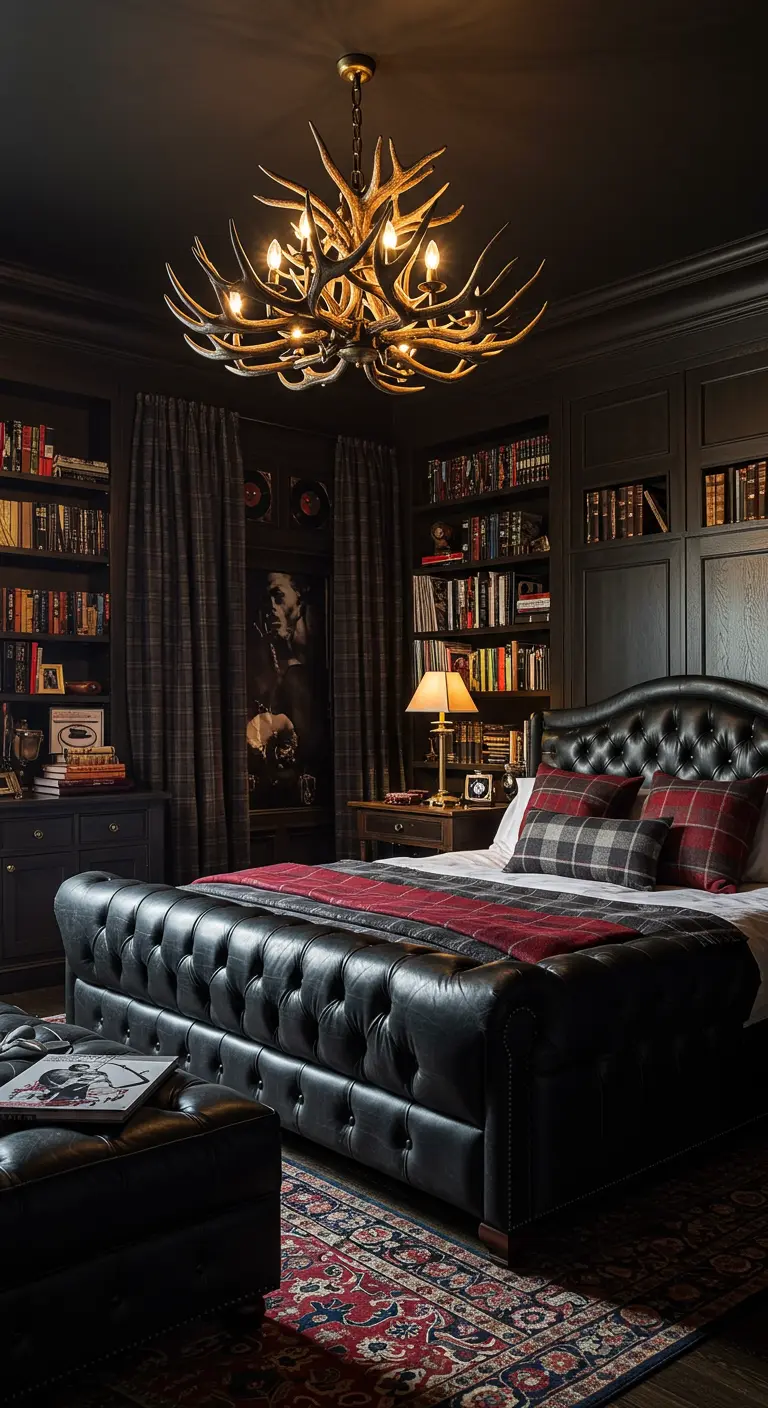 Dark library-style bedroom with an antler chandelier and a leather bed.