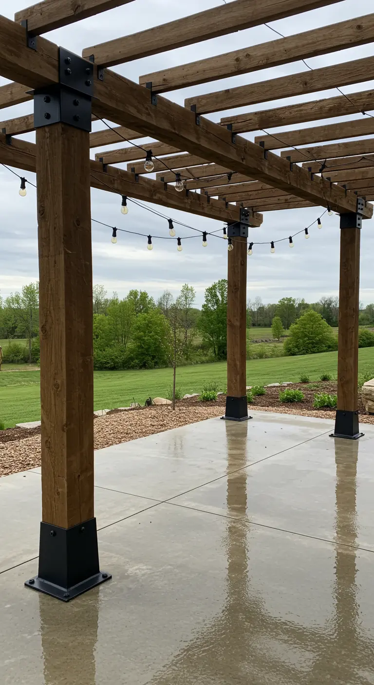 A close-up of a wooden pergola's construction, showing black metal brackets on a concrete patio.
