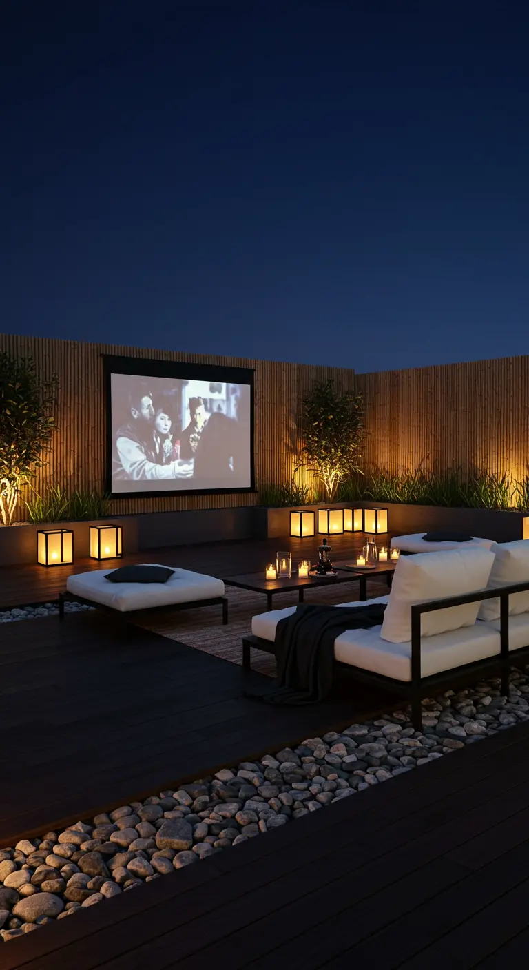 A minimalist Japandi-style terrace with low white sofas, a bamboo screen, and boxy lanterns.