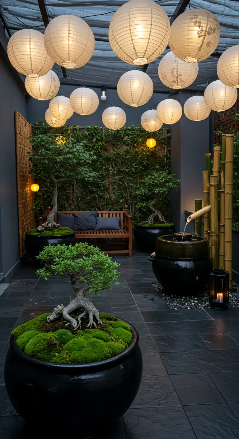 A modern patio at night with a large cluster of white paper lanterns and bonsai trees.