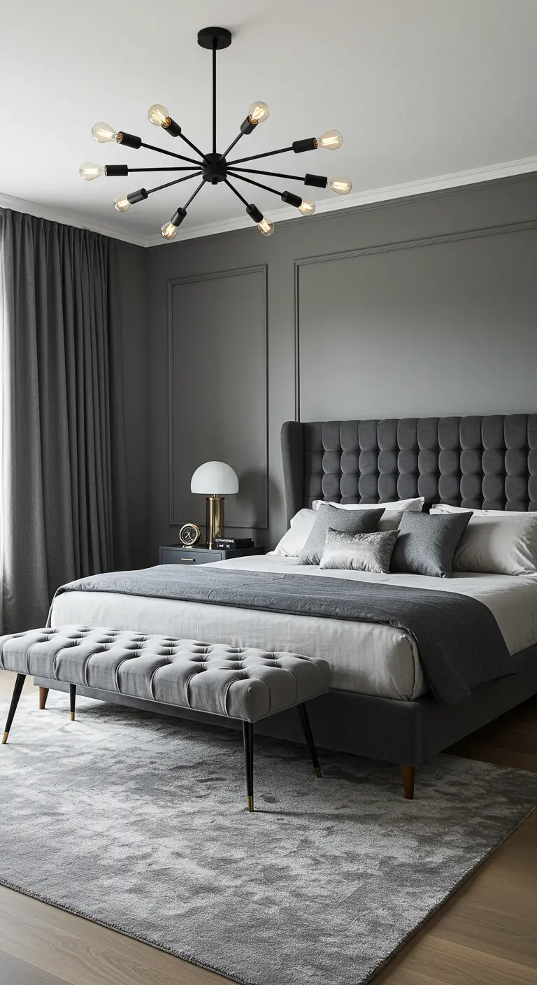 Gray bedroom with a tufted bed, wall molding, and a large black sputnik-style chandelier.