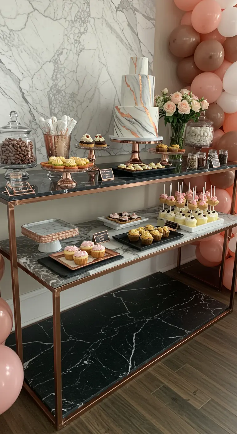 A chic dessert display on a rose gold and marble multi-tiered console table.