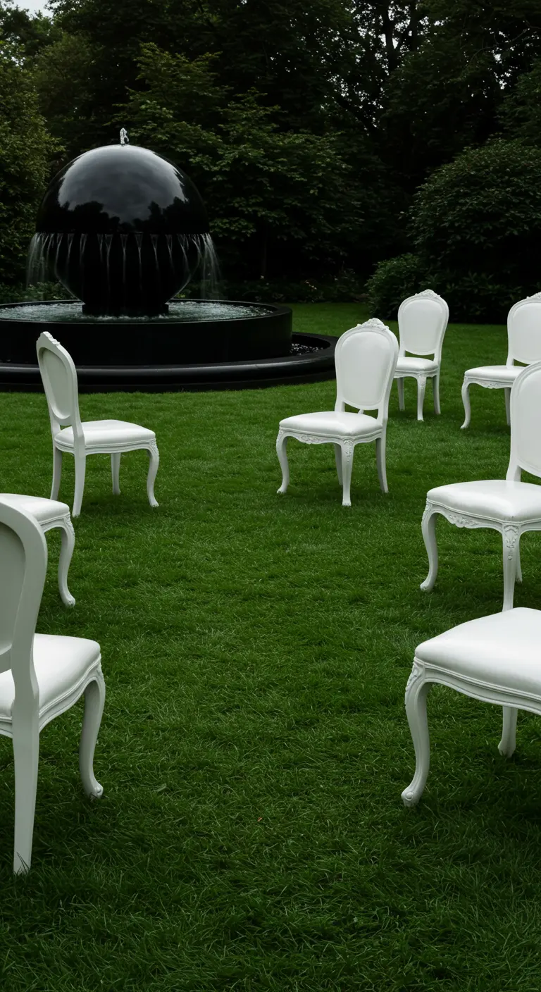 White baroque chairs are scattered on the grass facing a modern, black spherical fountain.