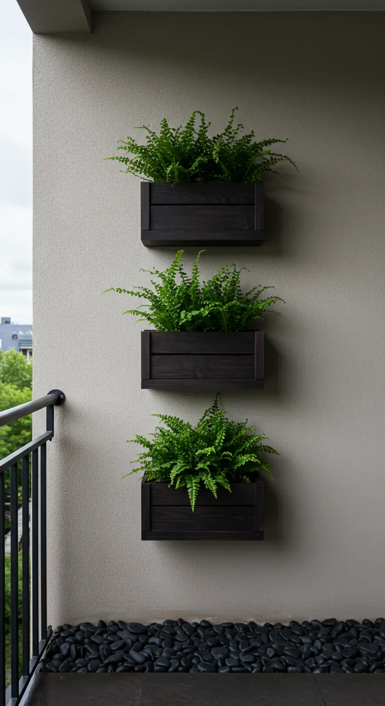 Three dark-stained wooden planter boxes mounted vertically on a light-colored balcony wall, each with a fern.