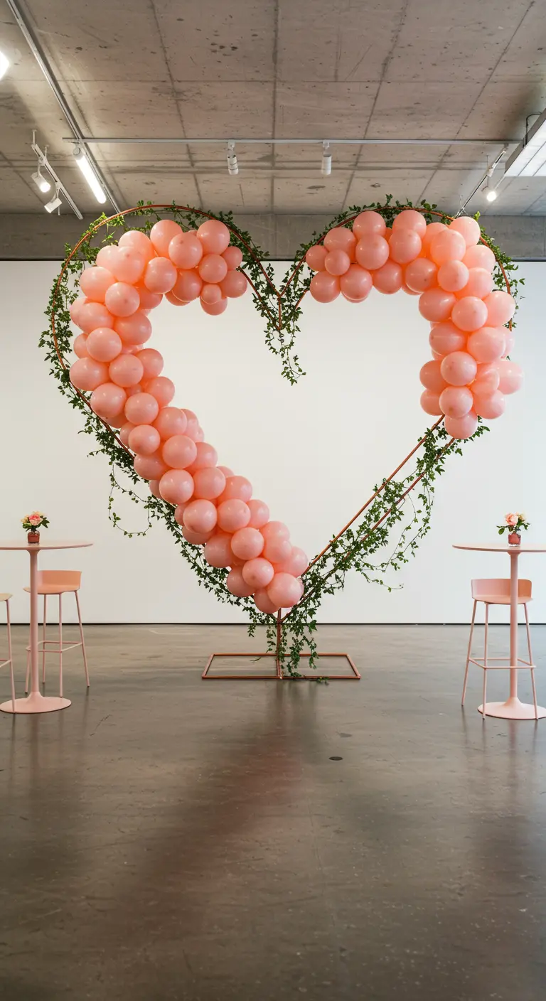 A large metal heart frame decorated with pink balloons and trailing green vines.