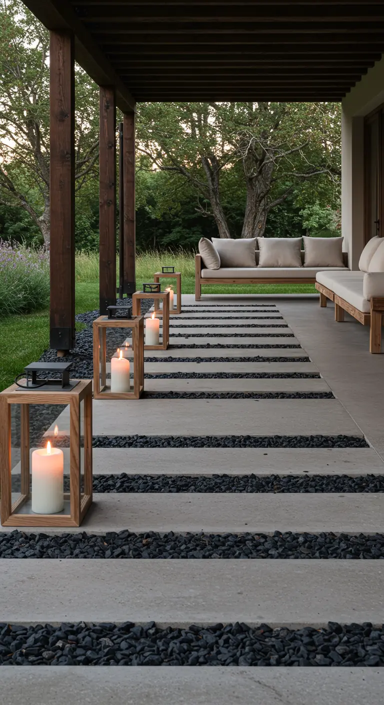 Modern wood-frame lanterns line a concrete paver path with black gravel accents.