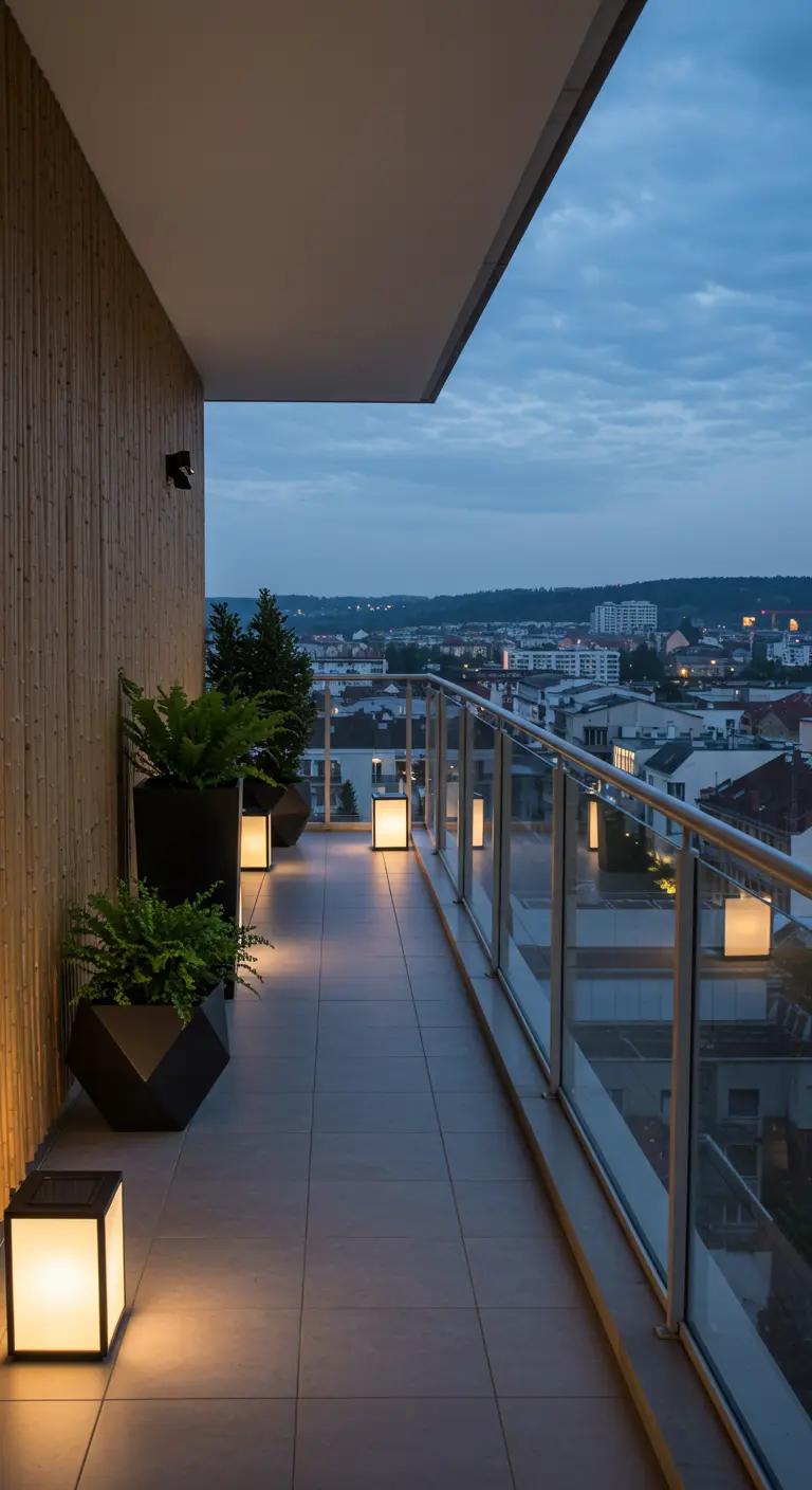 A long, modern balcony with minimalist planters, bamboo wall, and glowing cube lanterns at twilight.