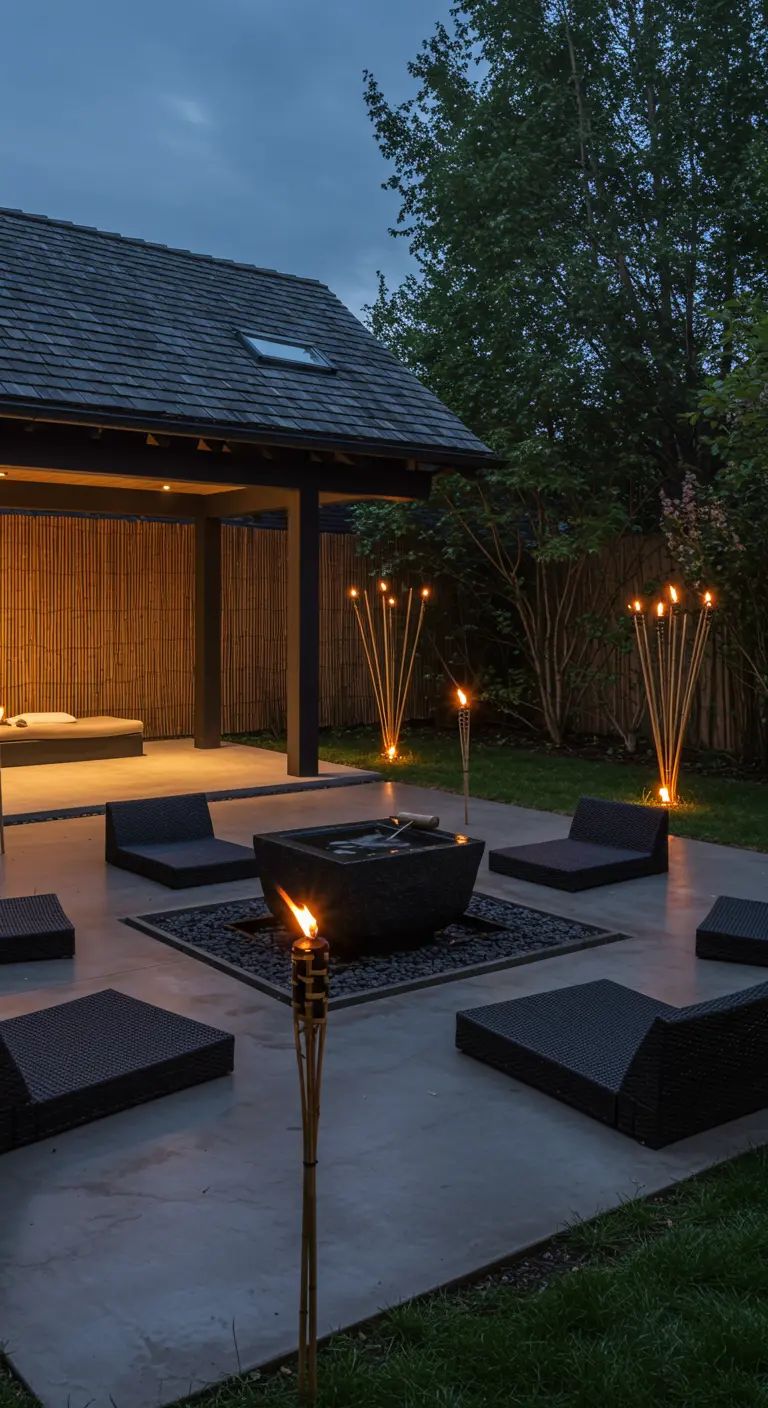 A modern patio with low black loungers, a rectangular water basin, and clusters of tiki torches.