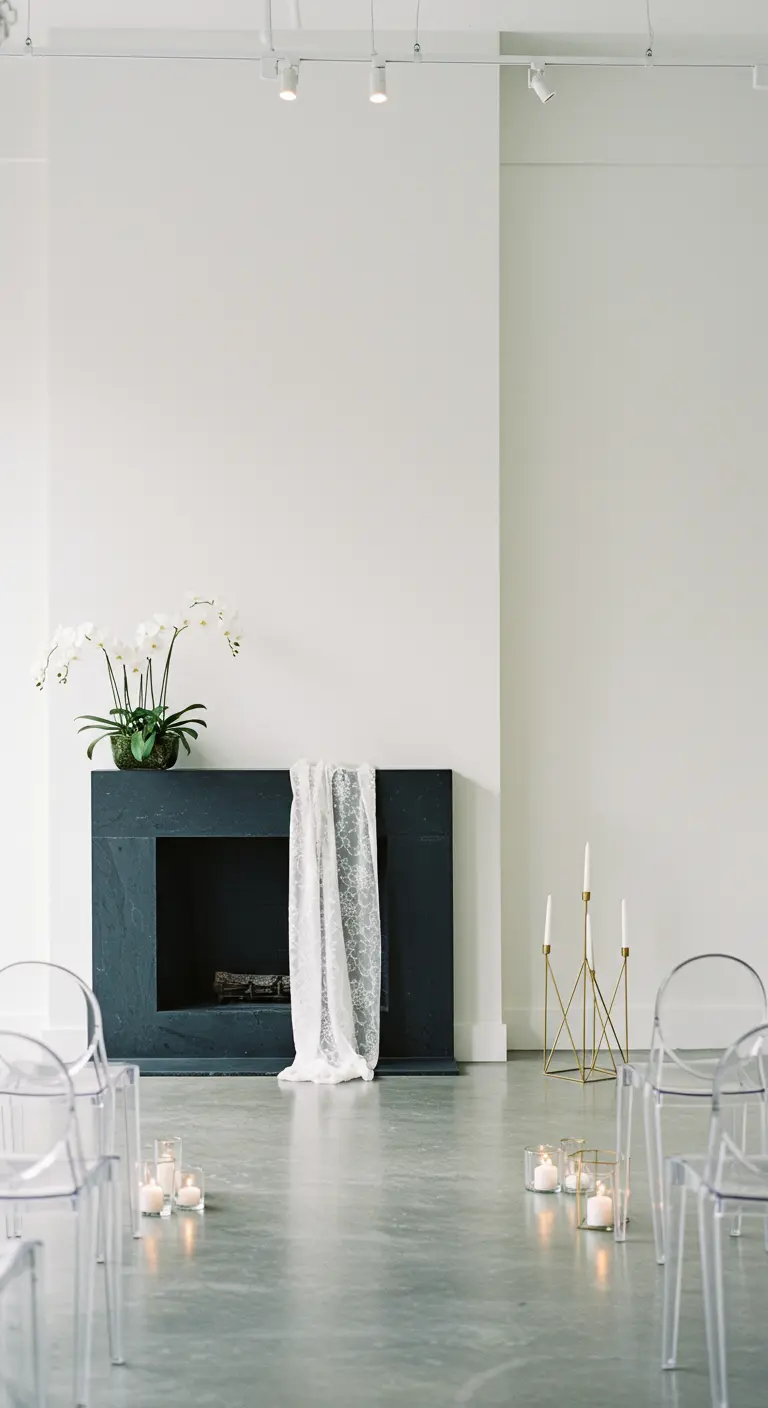 Minimalist black fireplace with a single orchid plant and a lace drape.