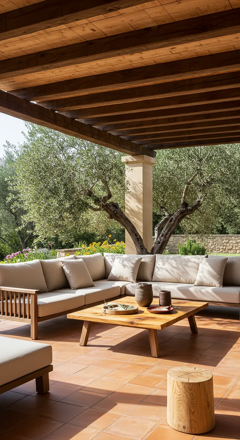 A modern outdoor sectional on a terracotta tile patio with a rustic wooden coffee table.