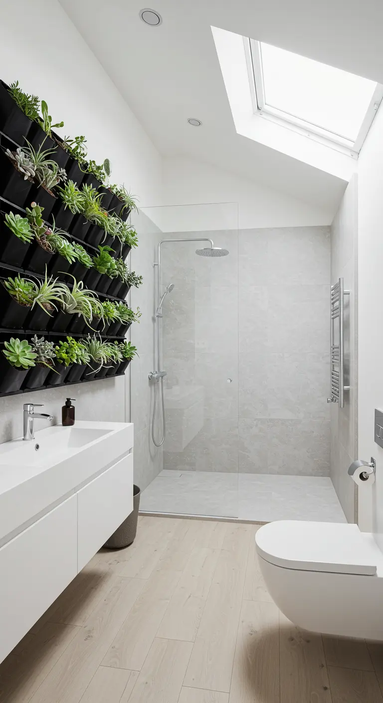 Minimalist white bathroom with a wall of black pocket planters holding succulents.