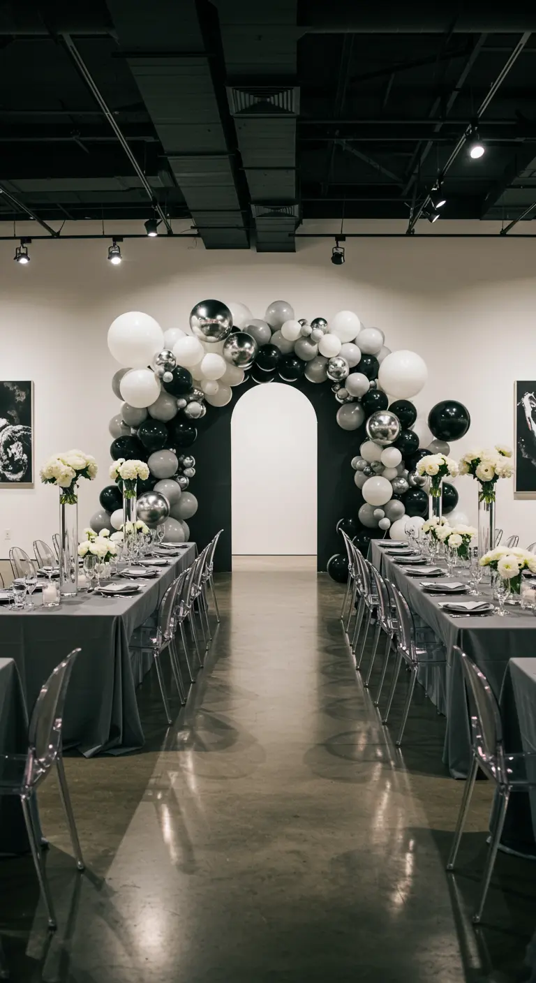 Monochrome balloon arch over long dining tables with clear acrylic chairs.
