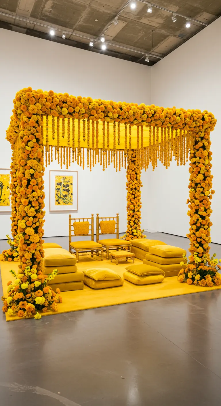 A modern, monochrome yellow mandap in a contemporary art gallery setting.